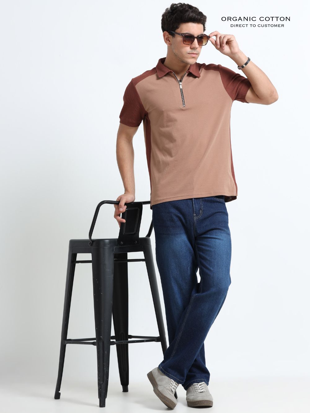 Dark Brown Modern Contrast Panel Zip Polo T-Shirt for Mens