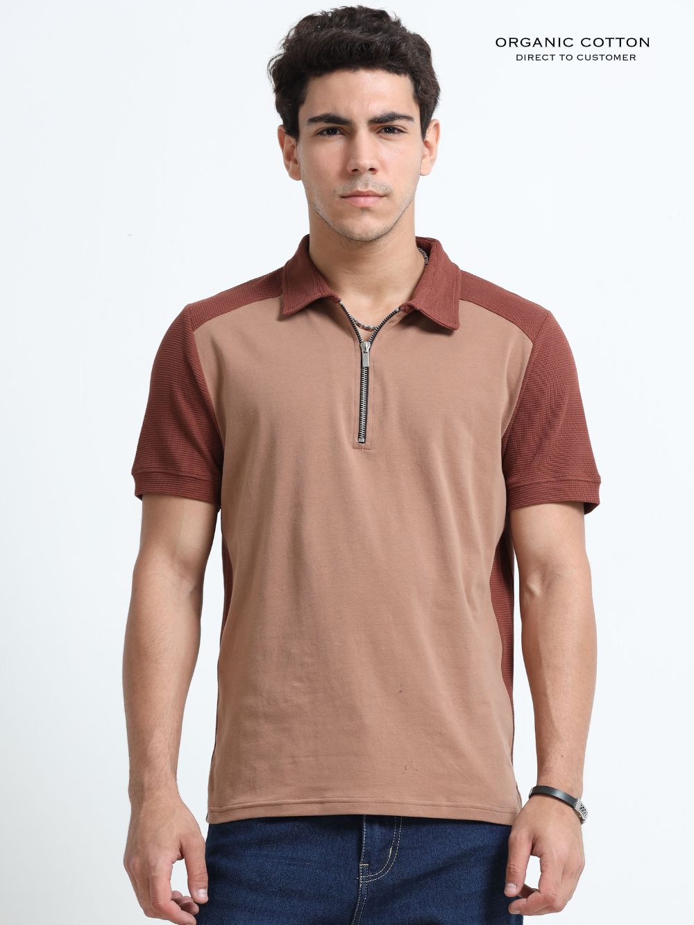 Dark Brown Modern Contrast Panel Zip Polo T-Shirt for Mens