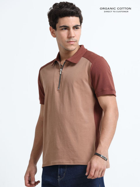 Dark Brown Modern Contrast Panel Zip Polo T-Shirt for Mens