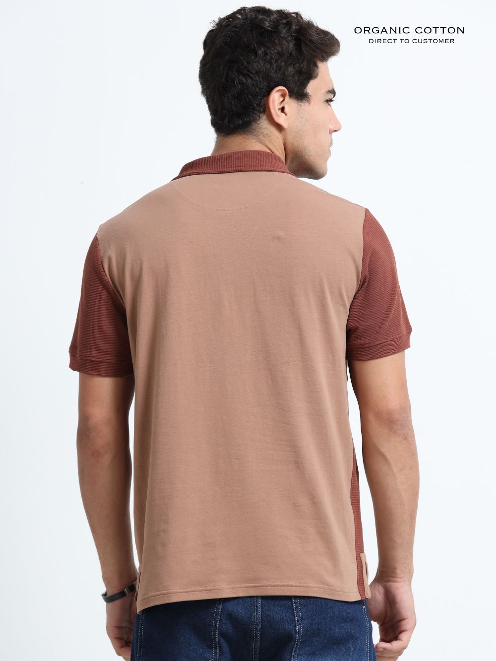 Dark Brown Modern Contrast Panel Zip Polo T-Shirt for Mens