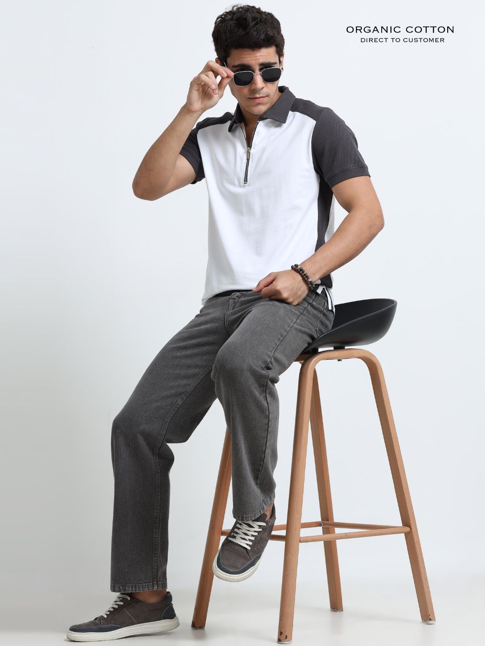 Dark Grey Modern Contrast Panel Zip Polo T-Shirt for Mens