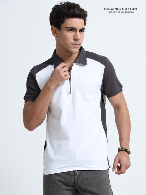 Dark Grey Modern Contrast Panel Zip Polo T-Shirt for Mens