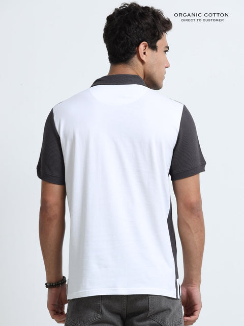 Dark Grey Modern Contrast Panel Zip Polo T-Shirt for Mens