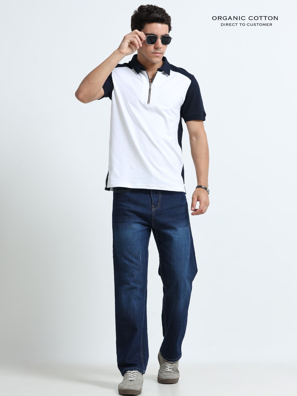 Navy Modern Contrast Panel Zip Polo T-Shirt for Mens