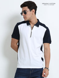 Navy Modern Contrast Panel Zip Polo T-Shirt for Mens