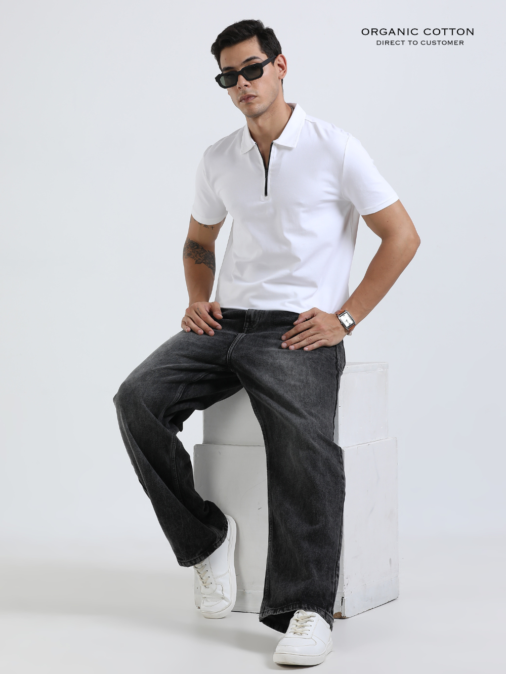 White Organic Cotton Zipper Polo T-Shirt for Men