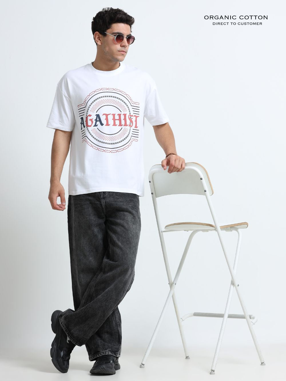 Streetline Organic Cotton Oversized Printed Tee for Men's – White
