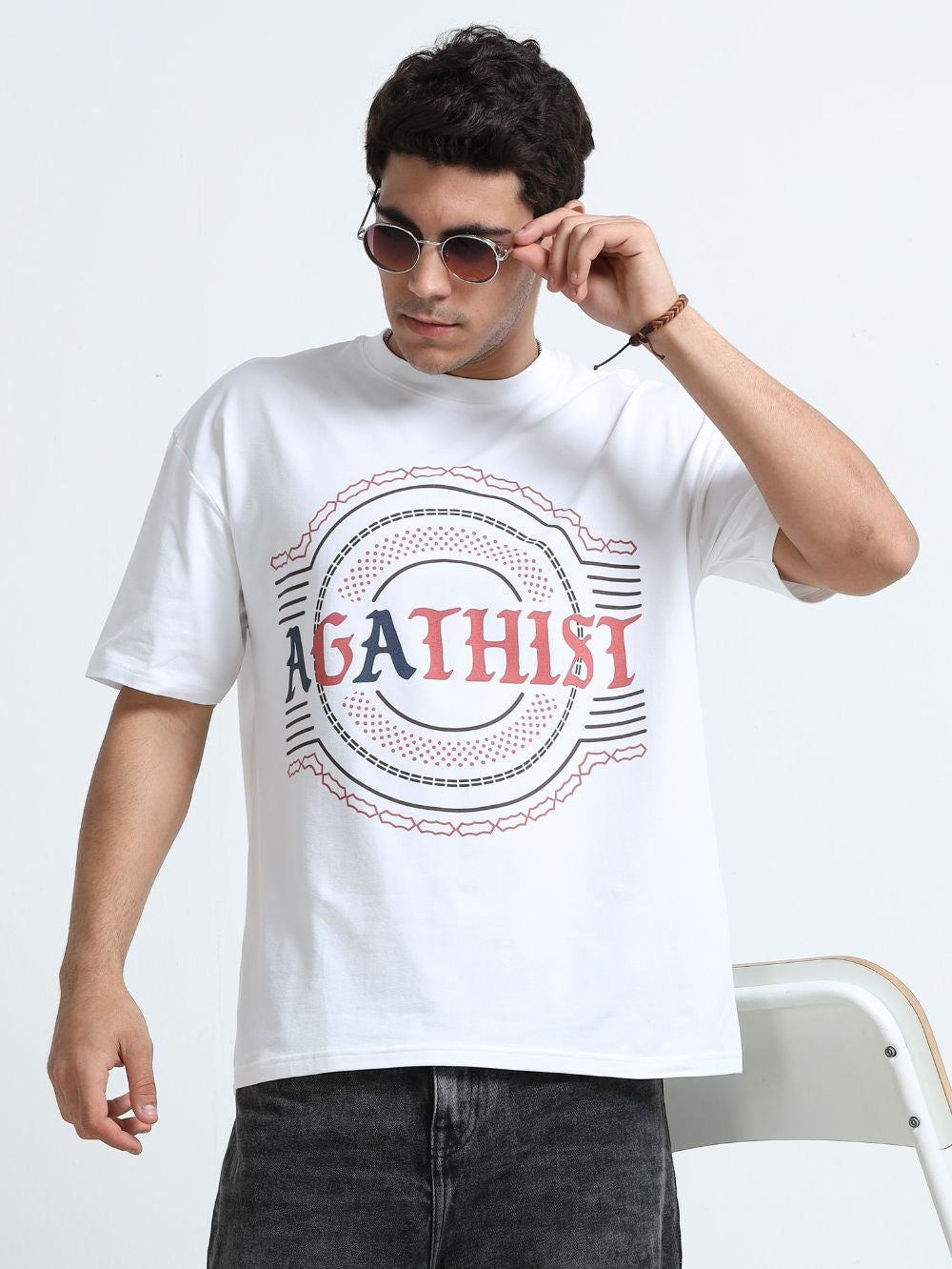 Organic Cotton Oversized Printed Tee for Men - White - P13