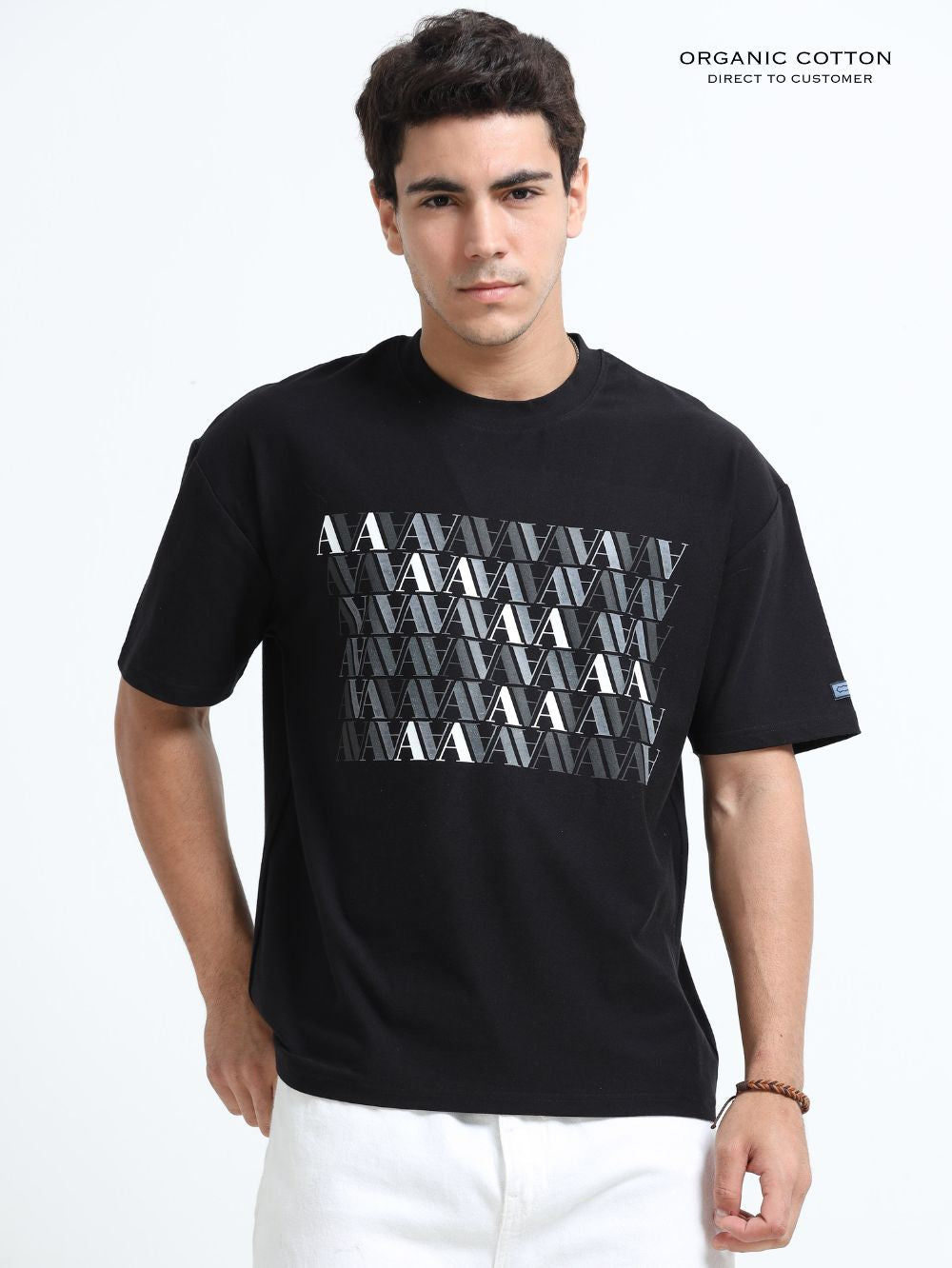 Organic Cotton Oversized Printed Tee for Men - Black - P14