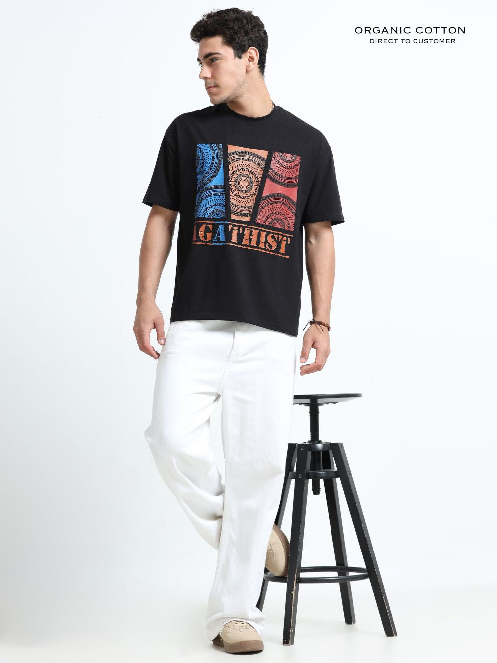 Organic Cotton Oversized Printed Tee for Men - Black - P15