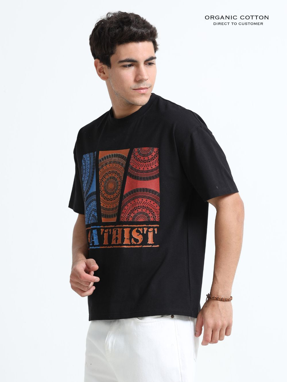 Organic Cotton Oversized Printed Tee for Men - Black - P15