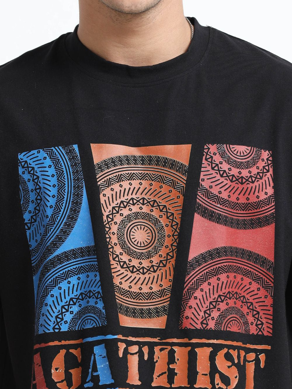 Organic Cotton Oversized Printed Tee for Men - Black - P15