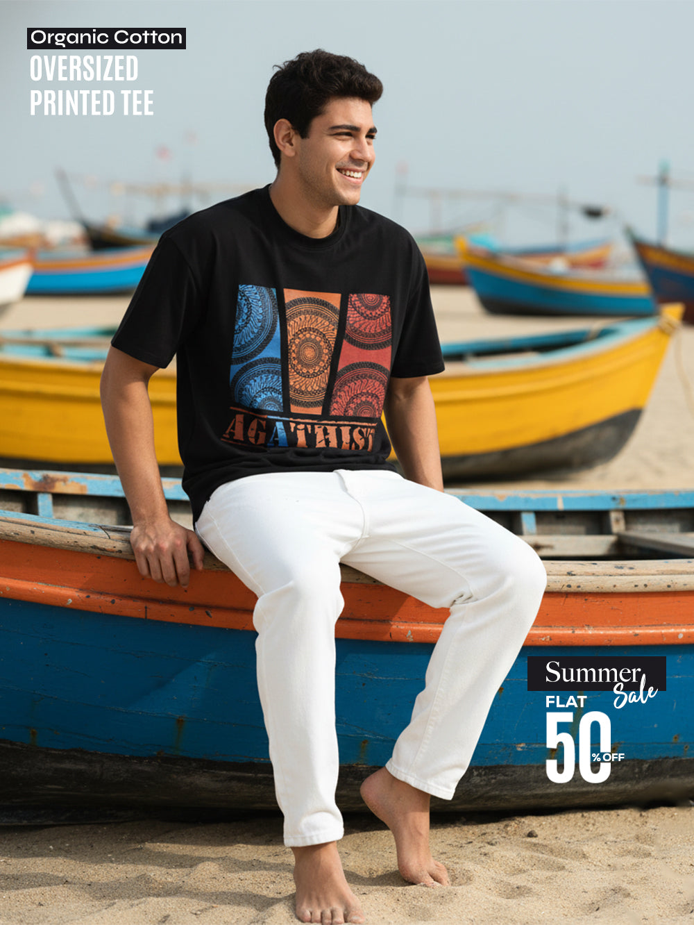 Voyager Graphic Organic Cotton Oversized Printed Tee for Men's – Black