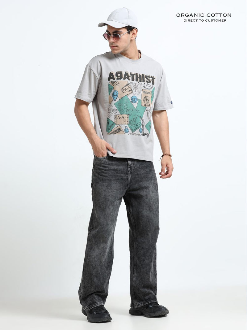 Adventure Patch Organic Cotton Oversized Printed Tee for Men's – Sliver Grey