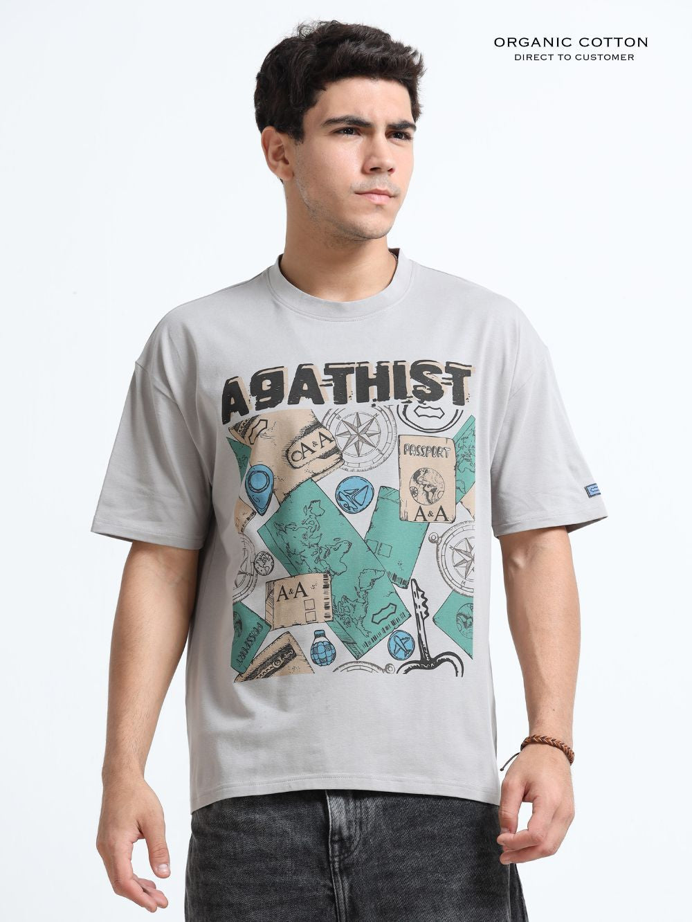 Organic Cotton Oversized Printed Tee for Men - Sliver Grey - P16