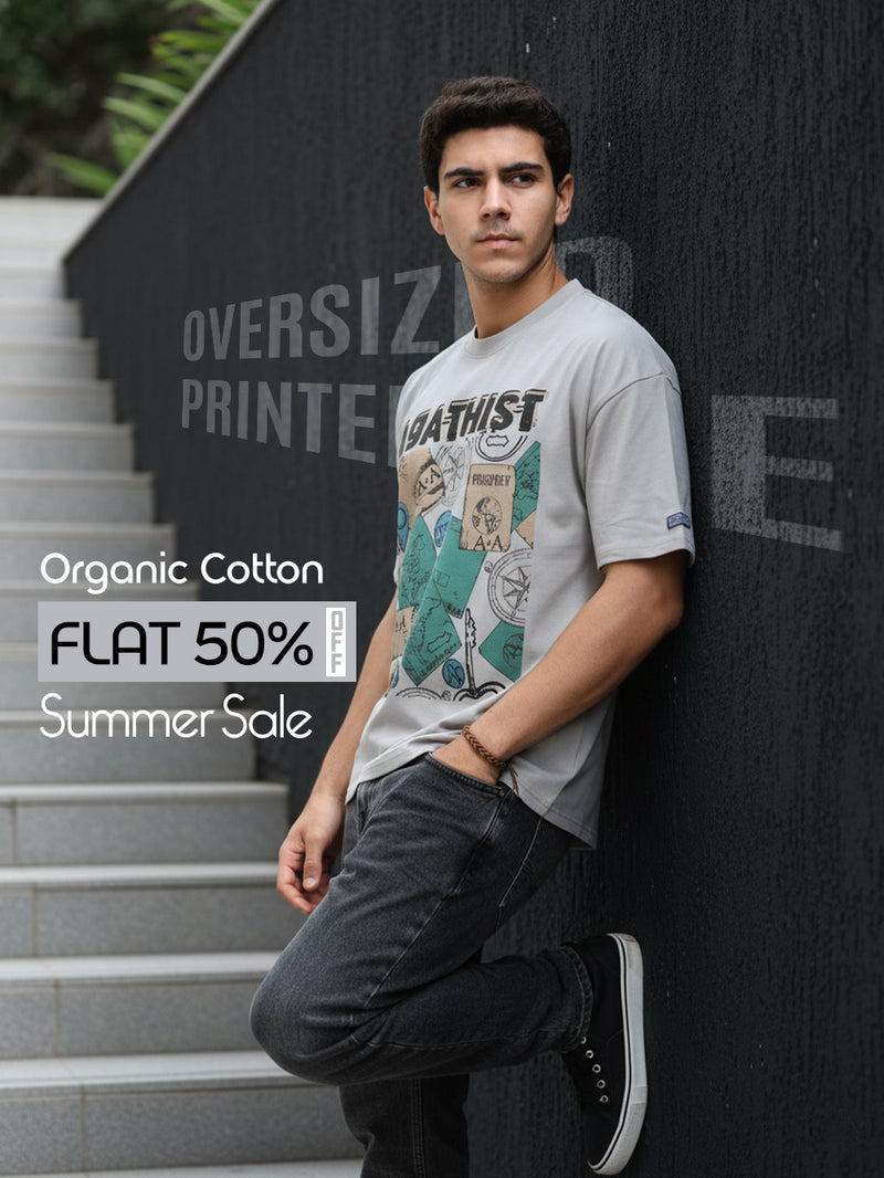Adventure Patch Organic Cotton Oversized Printed Tee for Men's – Sliver Grey