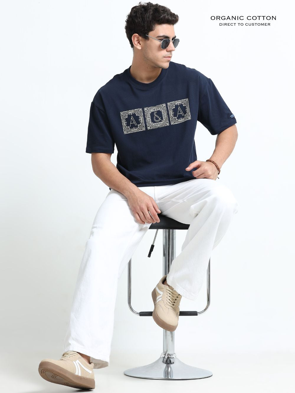 Essential Logo Organic Cotton Oversized Printed Tee for Men's – Navy