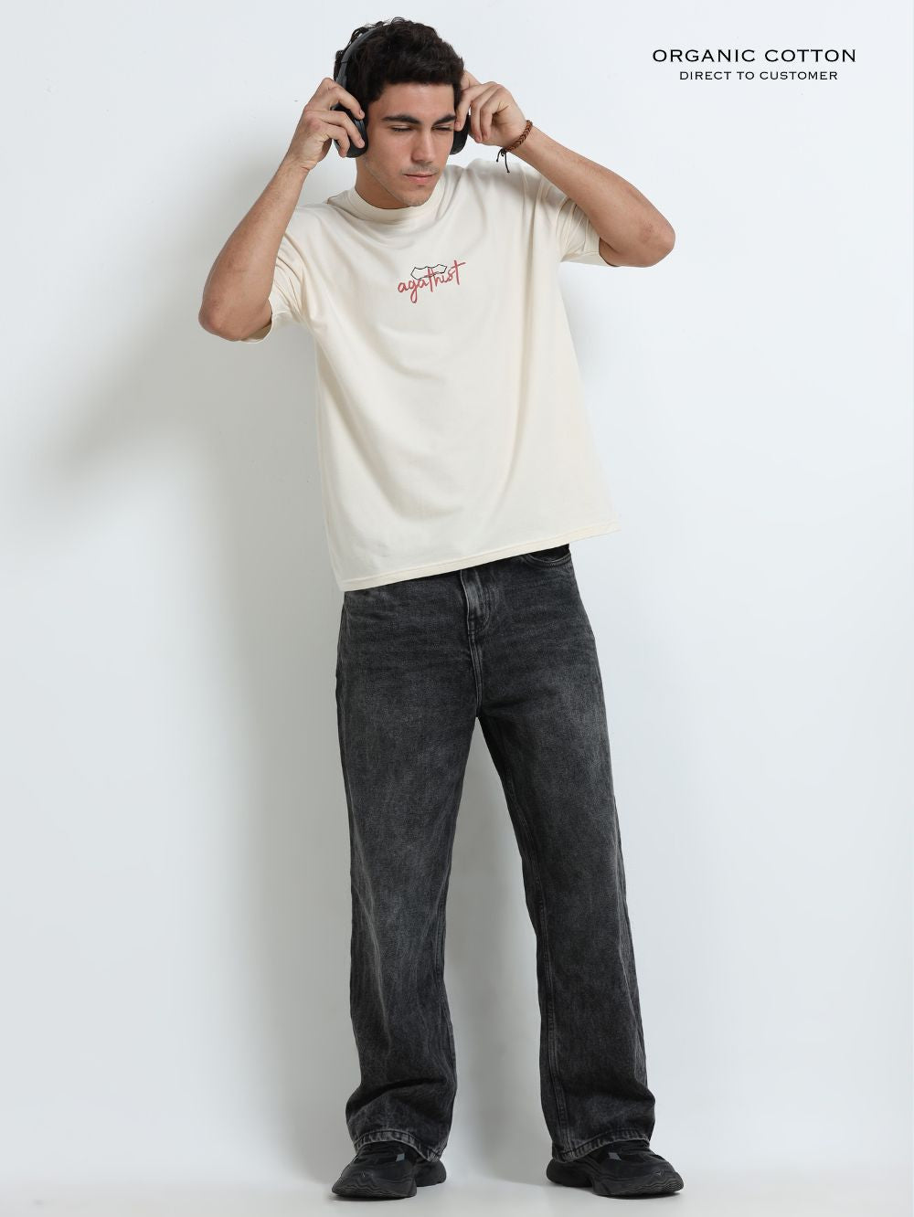 Timeless Script Organic Cotton Oversized Printed Tee for Men's – Beige
