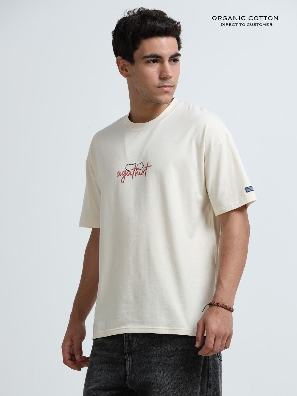 Timeless Script Organic Cotton Oversized Printed Tee for Men's – Beige
