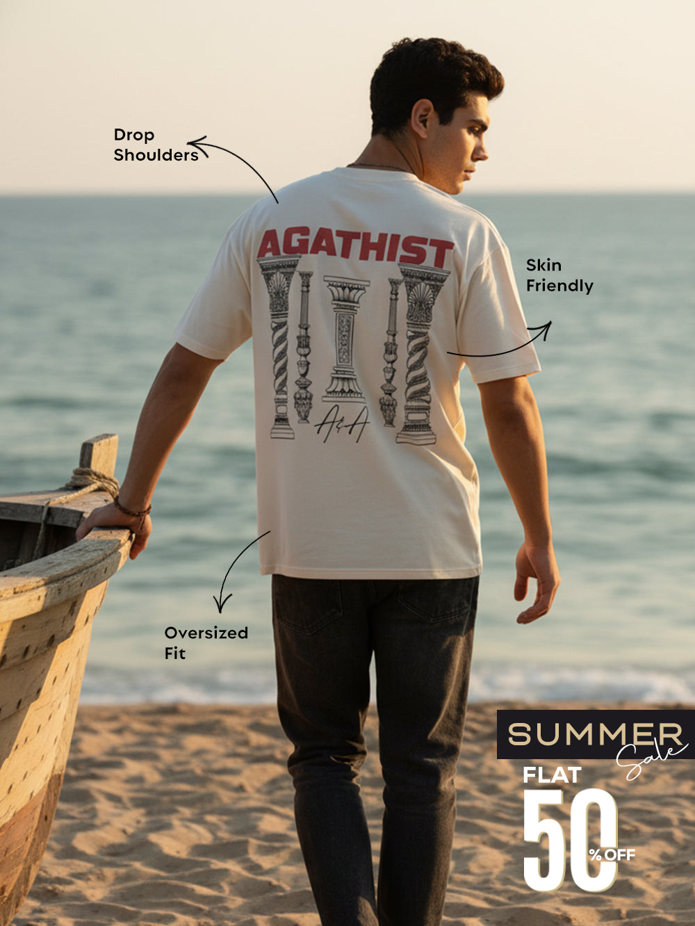 Timeless Script Organic Cotton Oversized Printed Tee for Men's – Beige