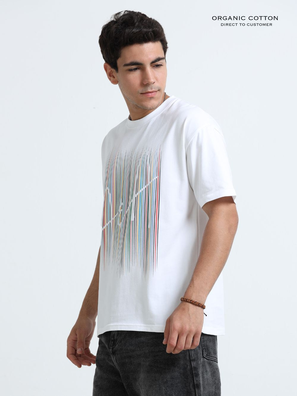 Prism Streak Organic Cotton Oversized Printed Tee for Men's – White