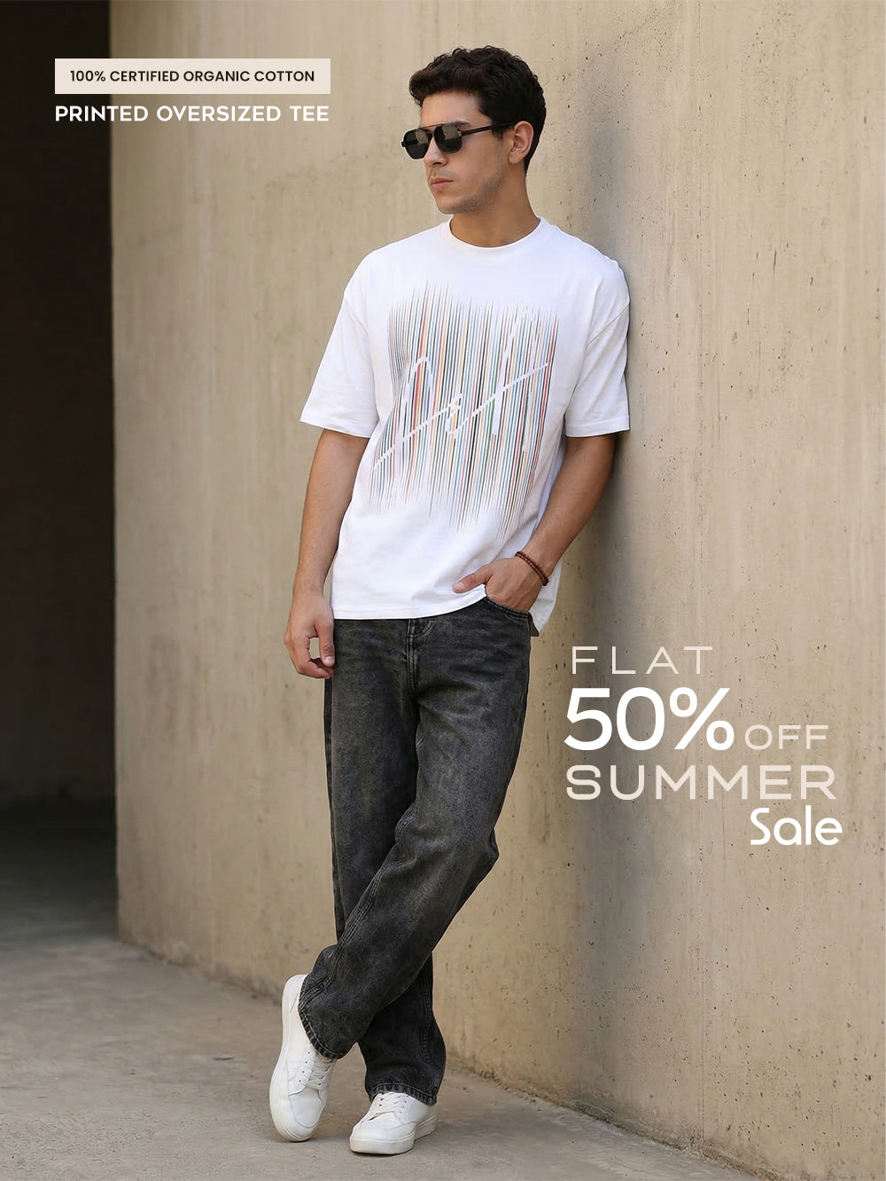 Prism Streak Organic Cotton Oversized Printed Tee for Men's – White
