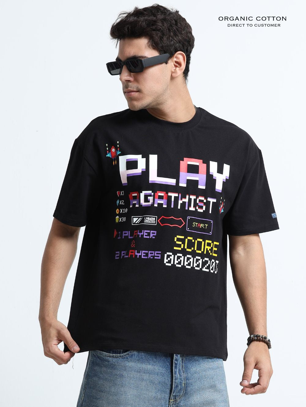 Organic Cotton Oversized Printed Tee for Men - Black - P22