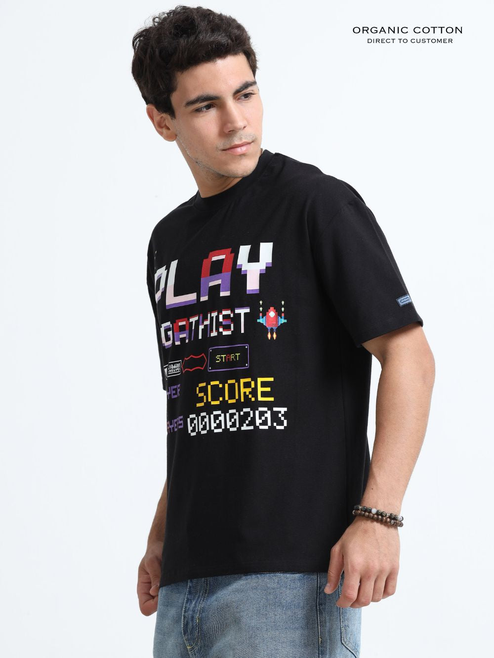 Retro Gamer Organic Cotton Oversized Printed Tee for Men's – Black