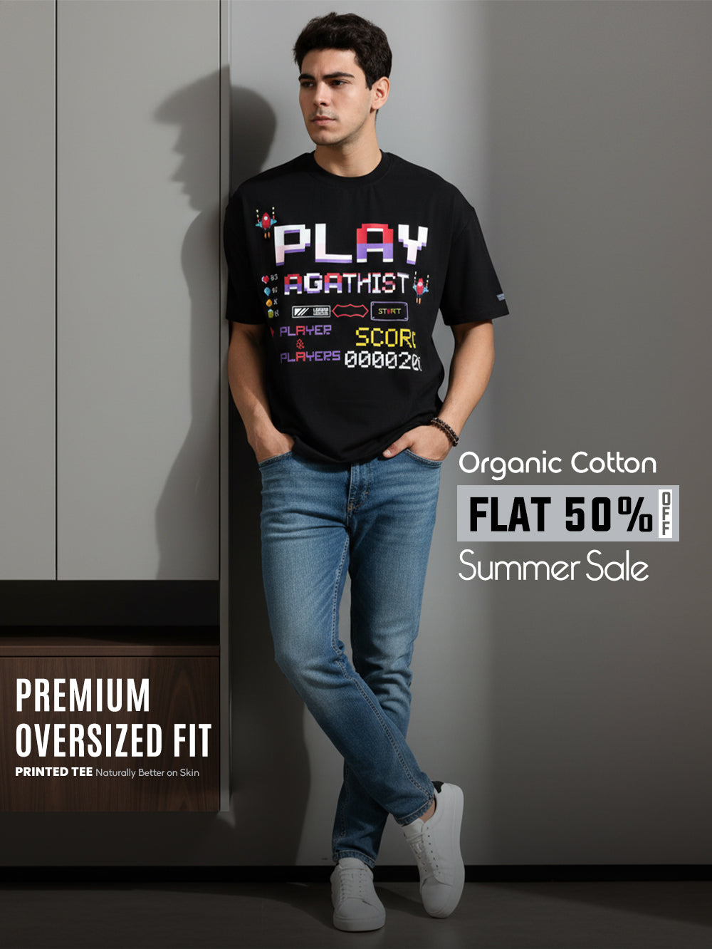 Retro Gamer Organic Cotton Oversized Printed Tee for Men's – Black