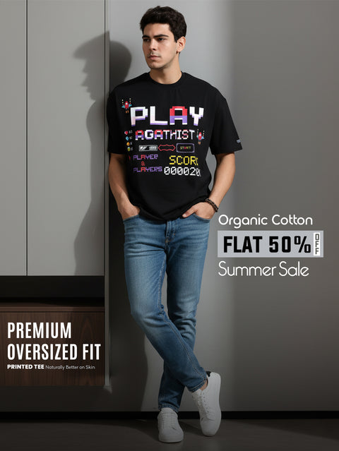 Retro Gamer Organic Cotton Oversized Printed Tee for Men's – Black