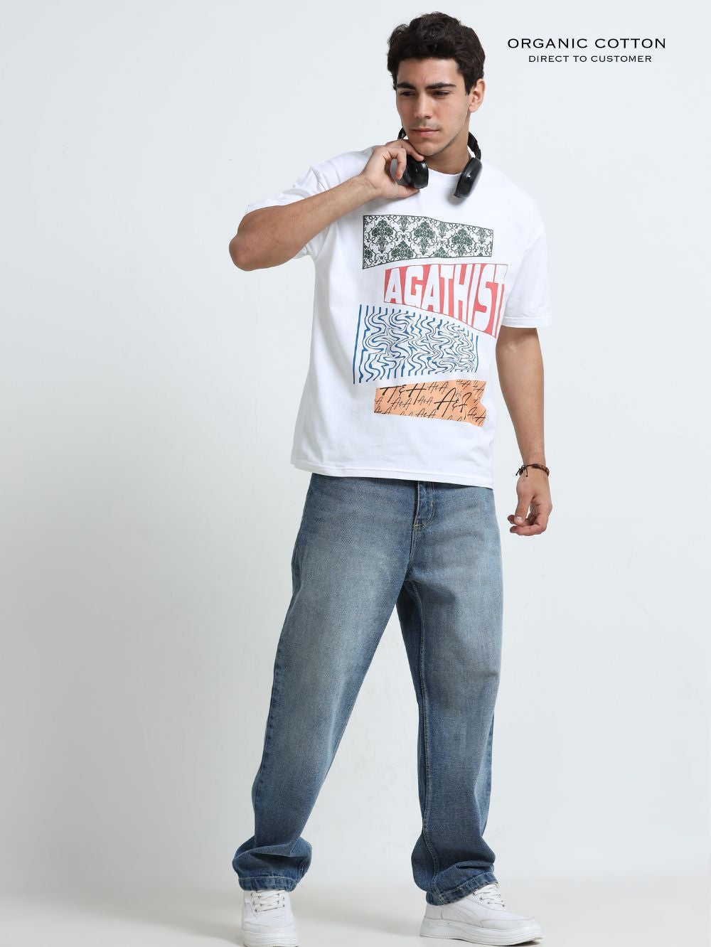 Urban Ethnic Organic Cotton Oversized Printed Tee for Men's – White