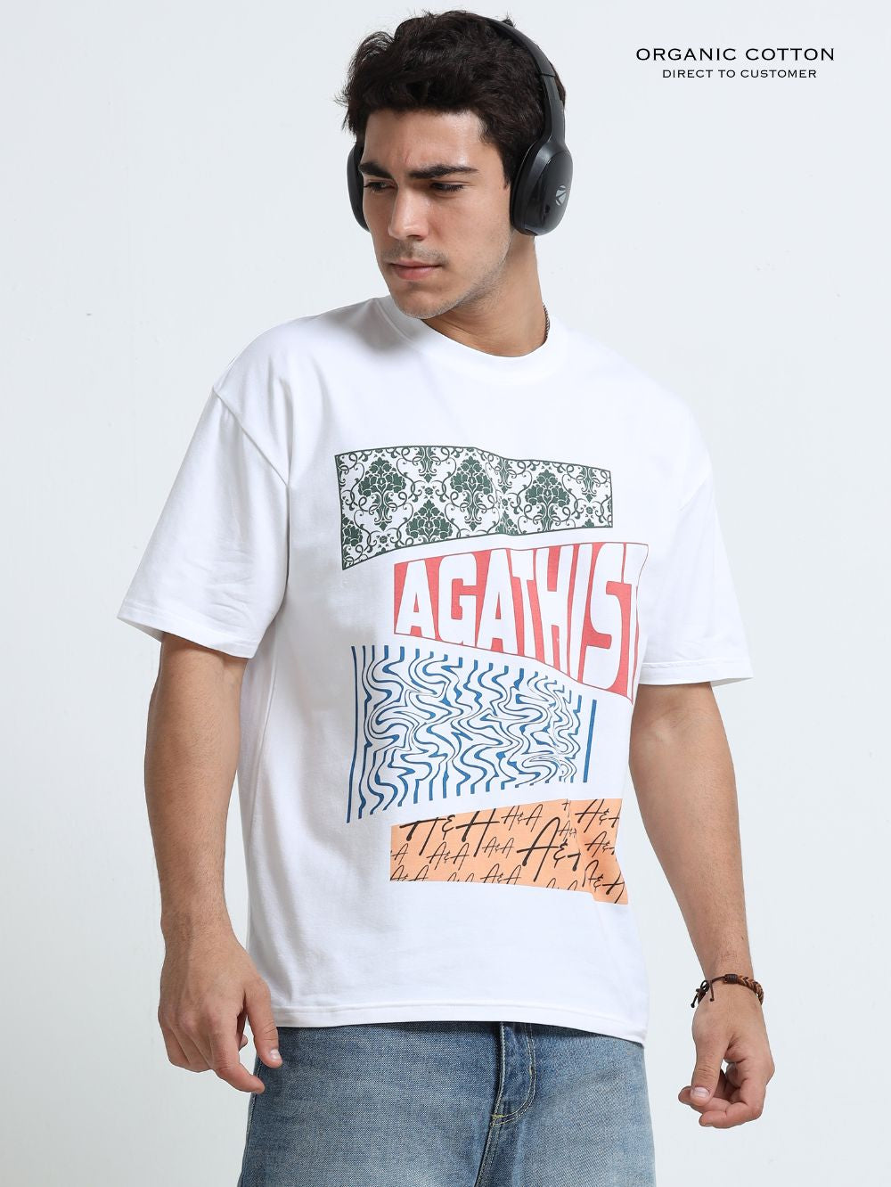 Urban Ethnic Organic Cotton Oversized Printed Tee for Men's – White