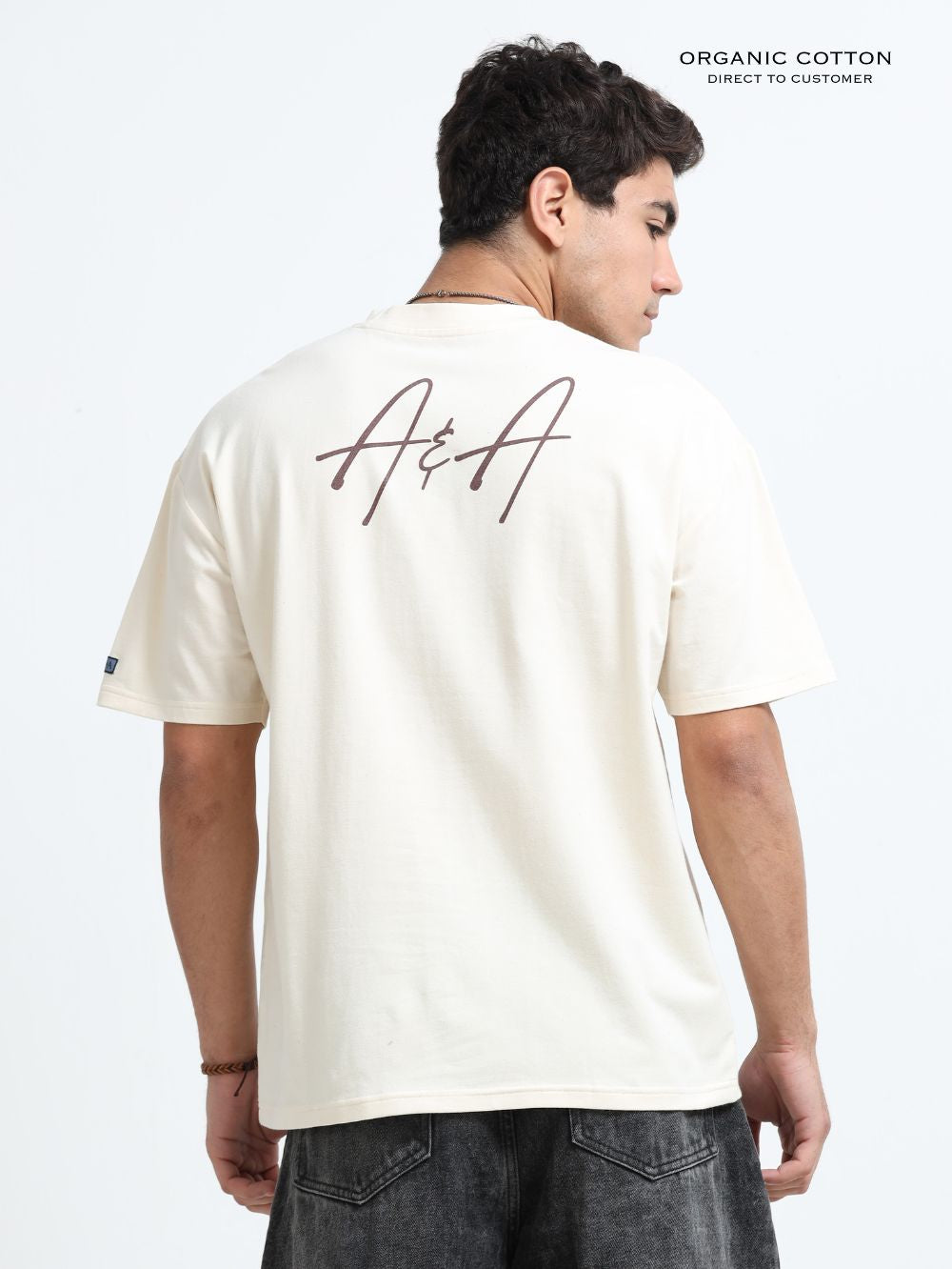 Organic Cotton Oversized Printed Tee for Men - Beige - P40