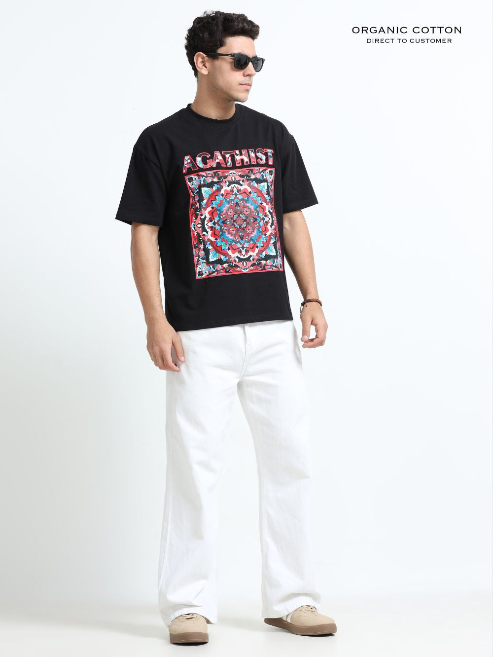 Mystic Mandala Organic Cotton Oversized Printed Tee for Men's – Black