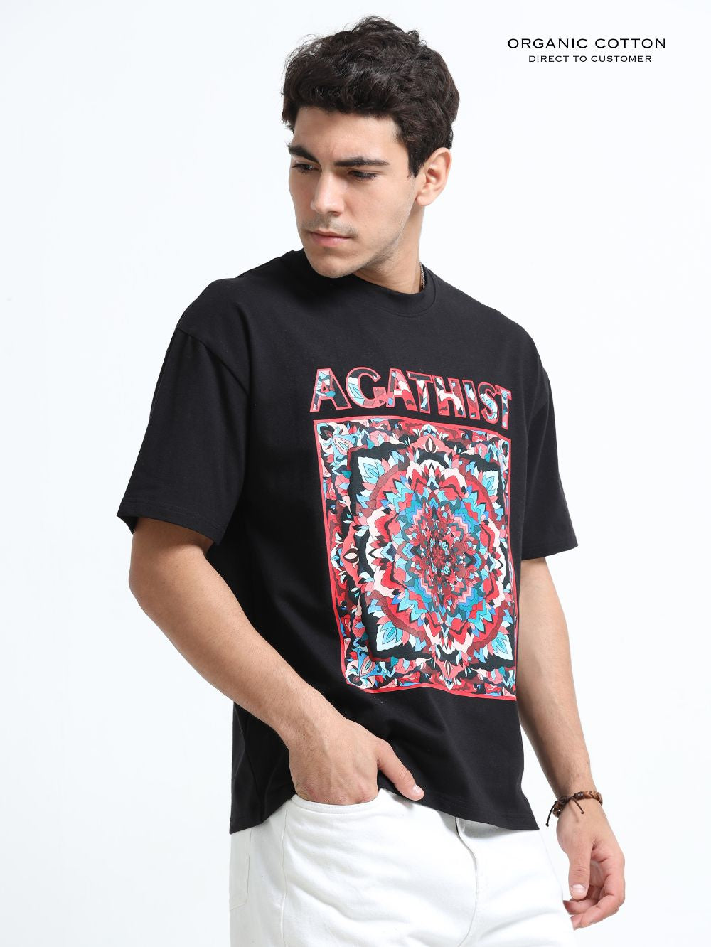 Mystic Mandala Organic Cotton Oversized Printed Tee for Men's – Black