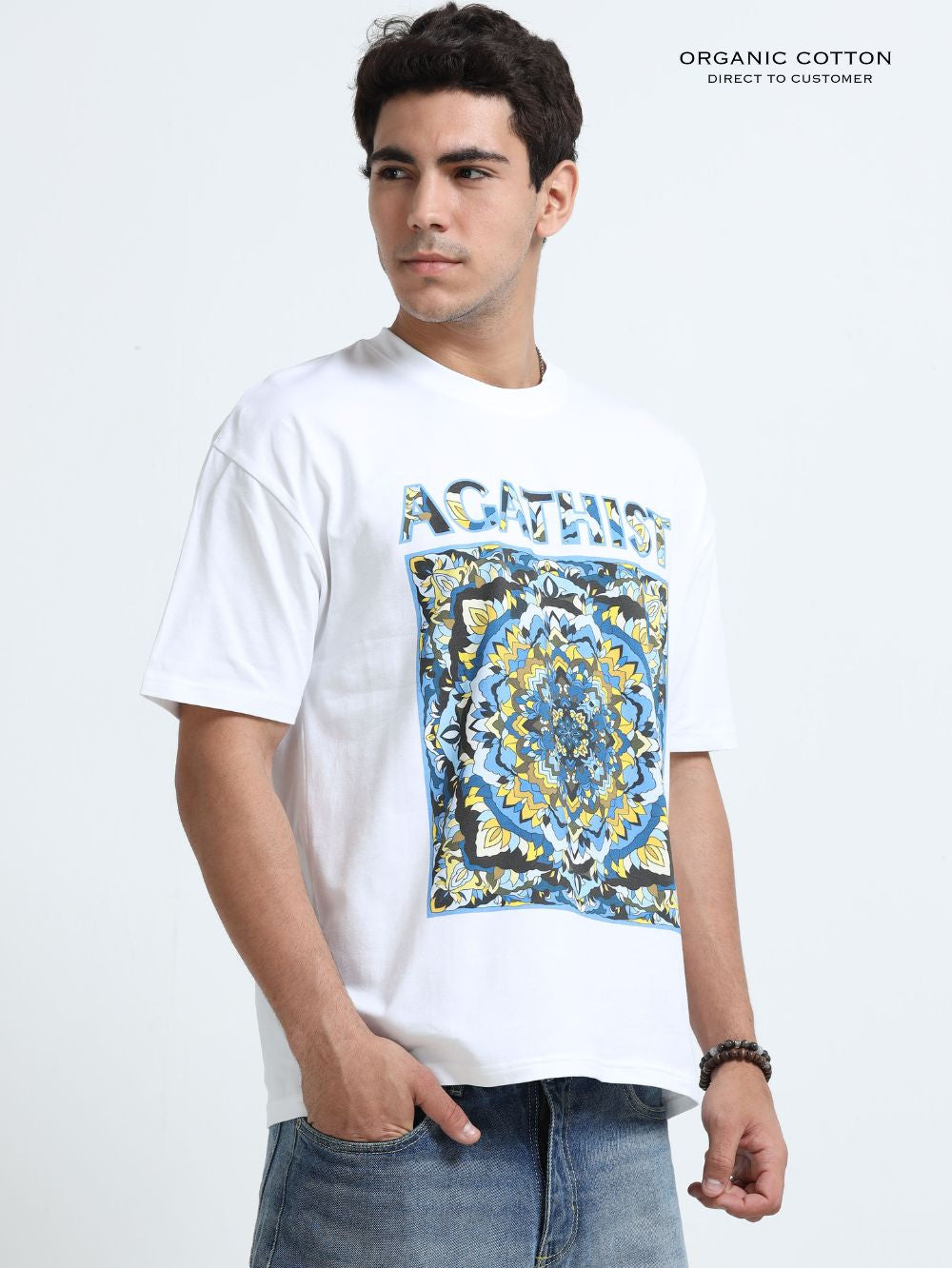 Celestial Mandala Organic Cotton Oversized Printed Tee for Men's – White