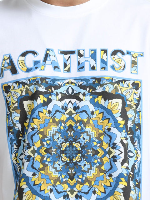 Celestial Mandala Organic Cotton Oversized Printed Tee for Men's – White