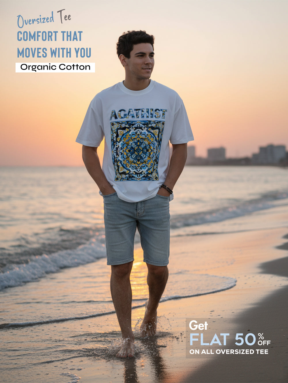 Celestial Mandala Organic Cotton Oversized Printed Tee for Men's – White