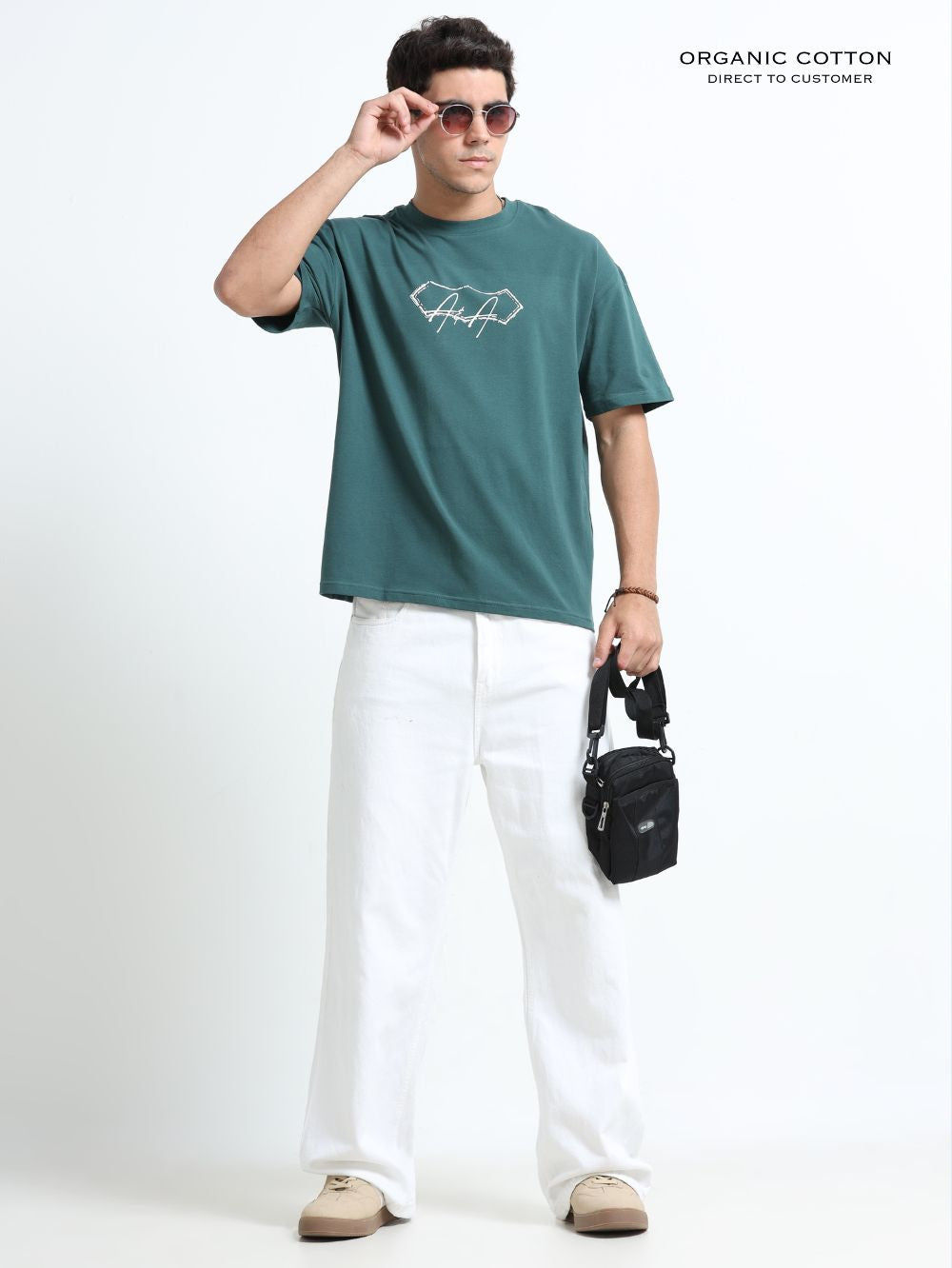 Organic Cotton Oversized Printed Tee for Men - Dark Green - P42