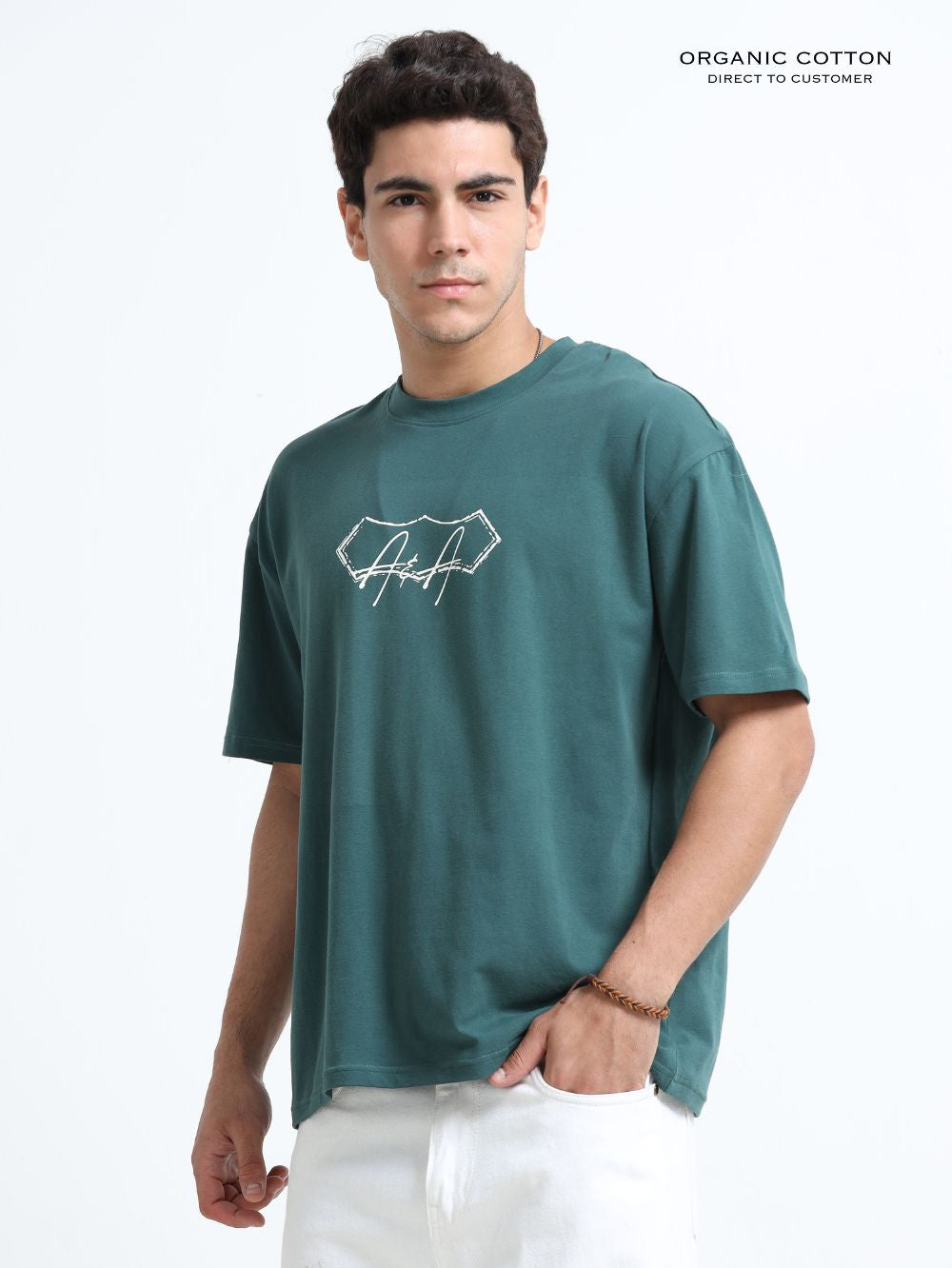 Organic Cotton Oversized Printed Tee for Men - Dark Green - P42