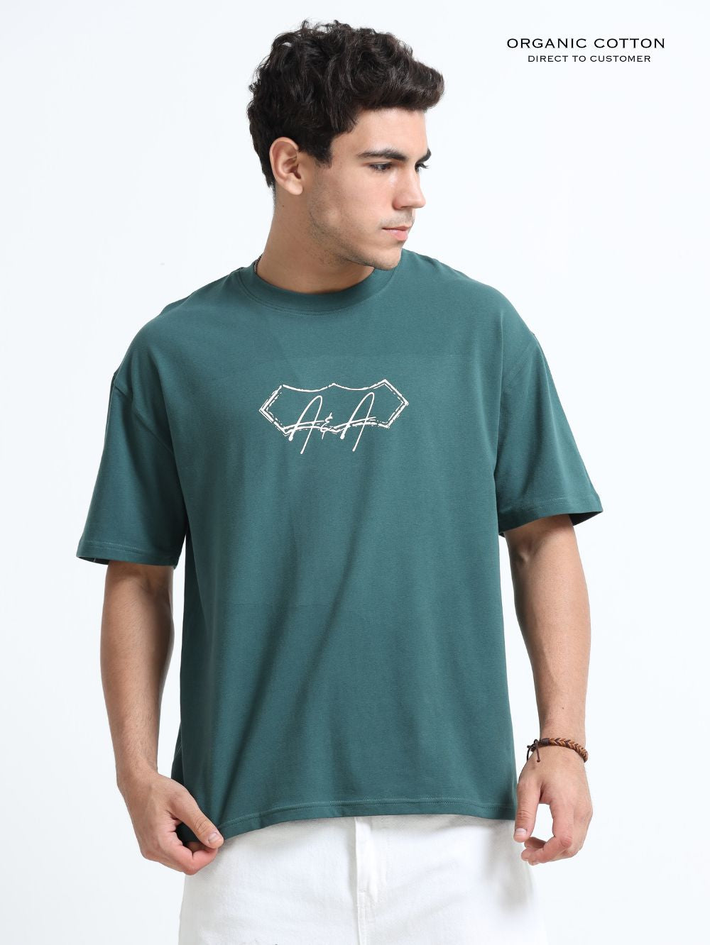 Organic Cotton Oversized Printed Tee for Men - Dark Green - P42