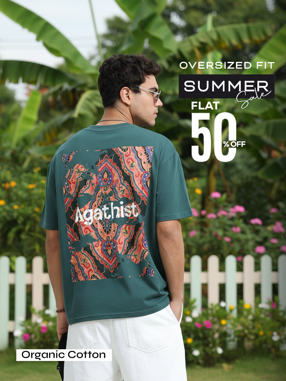 Retro Mosaic Organic Cotton Oversized Printed Tee for Men's – Dark Green