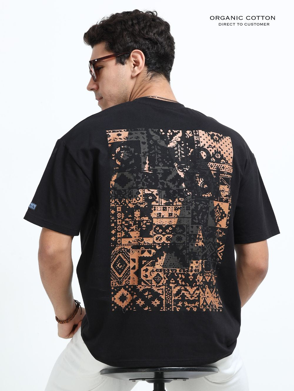 Organic Cotton Oversized Printed Tee for Men - Black - P44