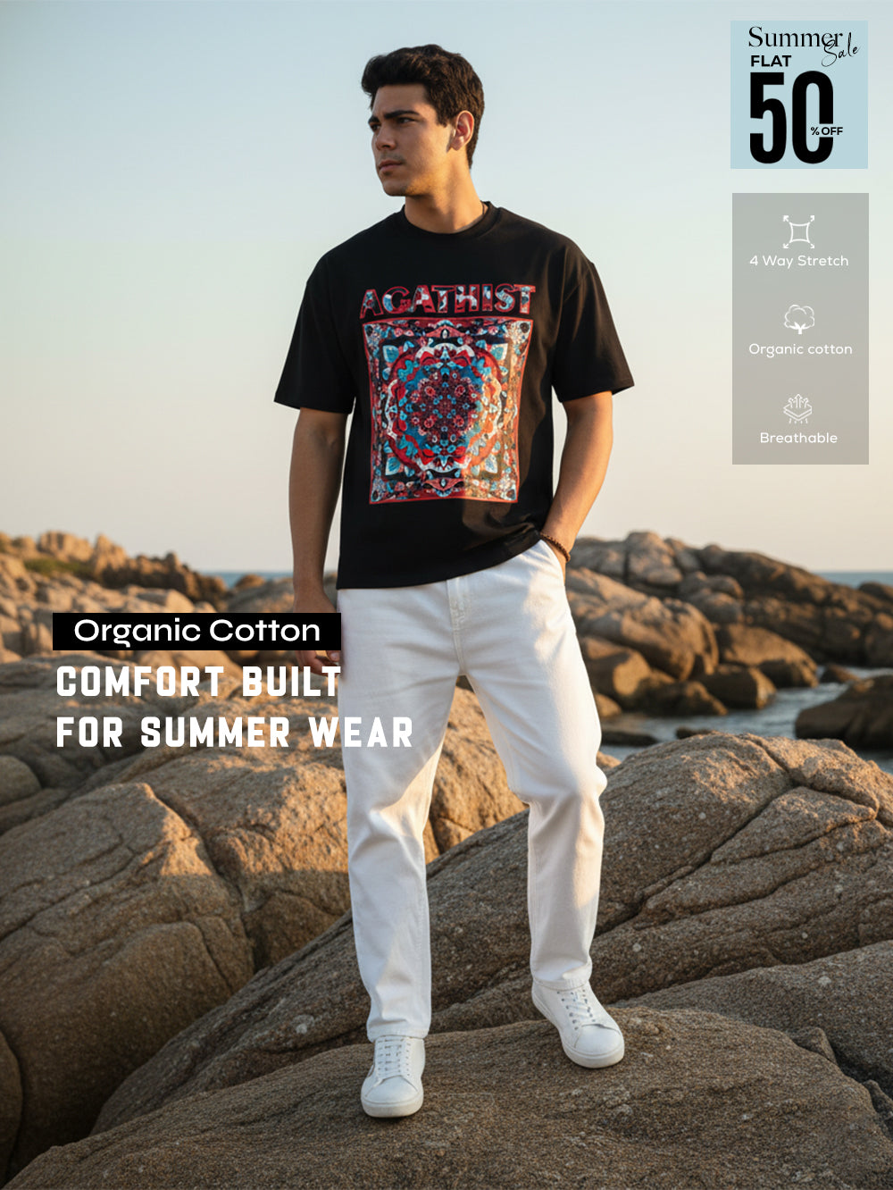 Mystic Mandala Organic Cotton Oversized Printed Tee for Men's – Black