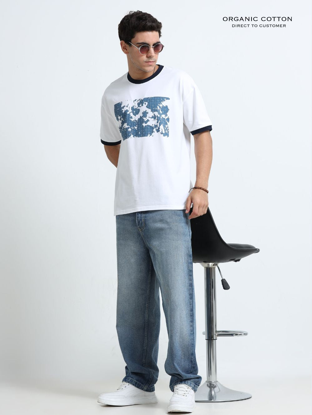 Sage Splash Organic Cotton Oversized Printed Tee for Men's – White