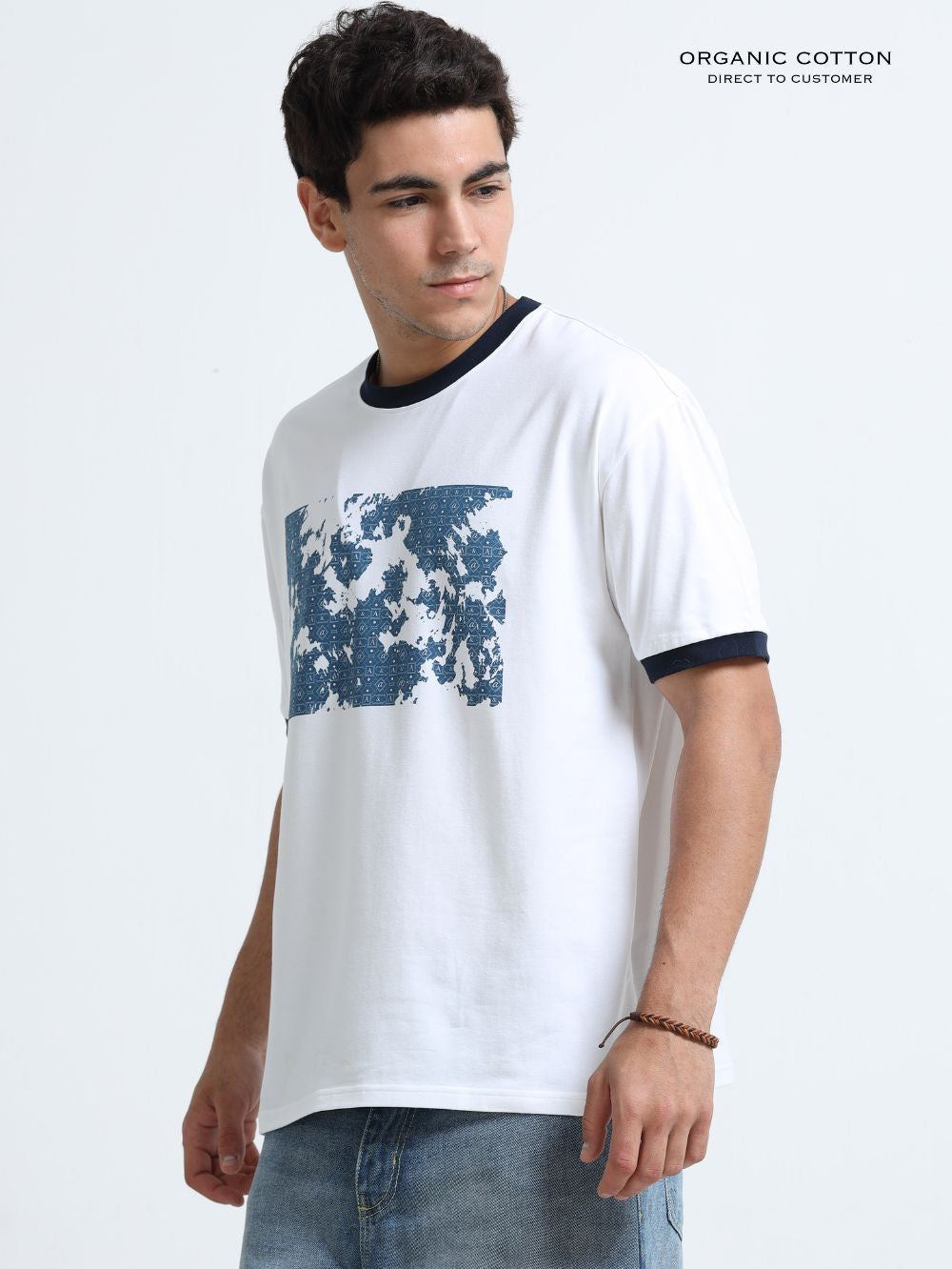 Sage Splash Organic Cotton Oversized Printed Tee for Men's – White