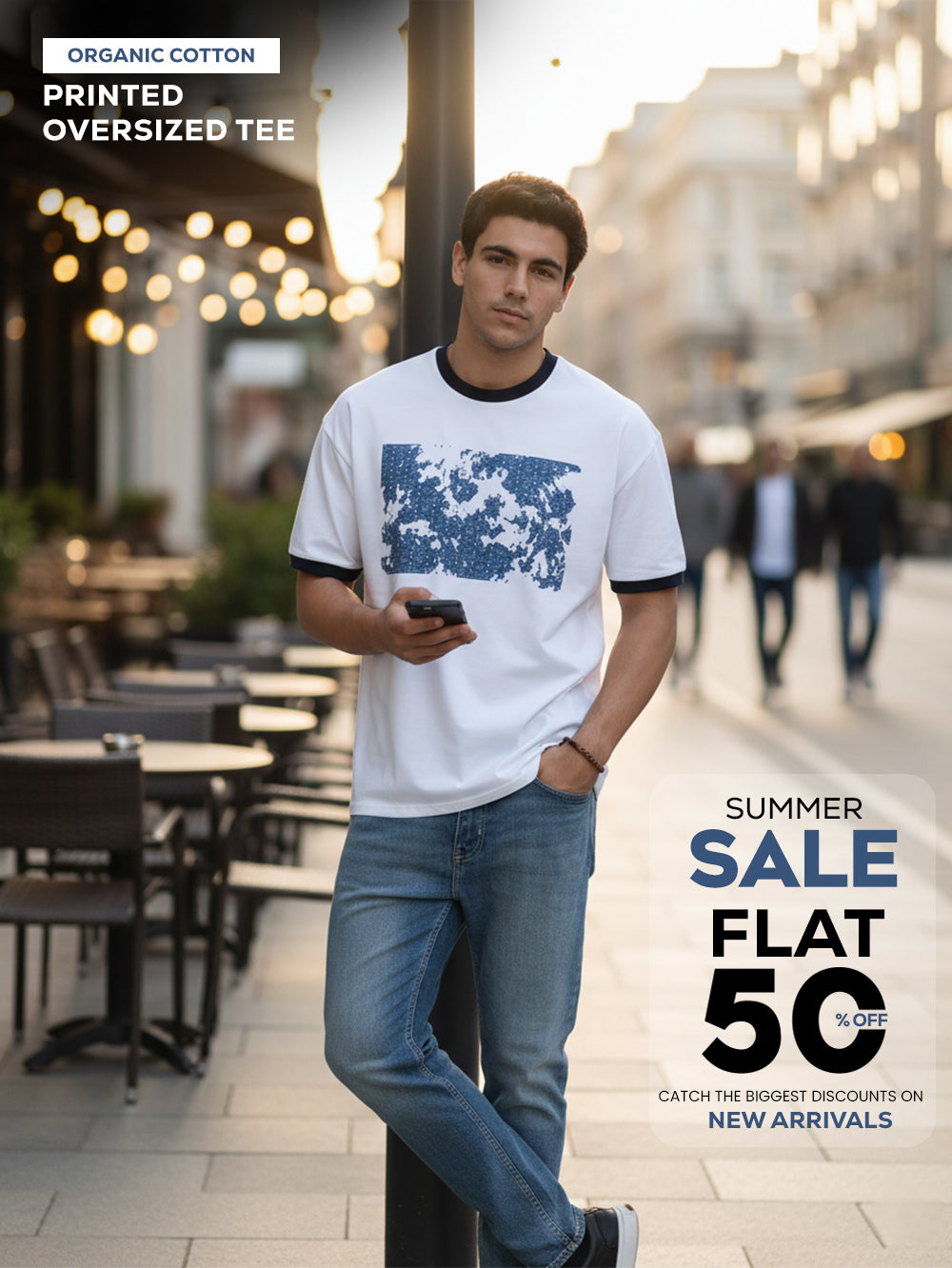 Sage Splash Organic Cotton Oversized Printed Tee for Men's – White
