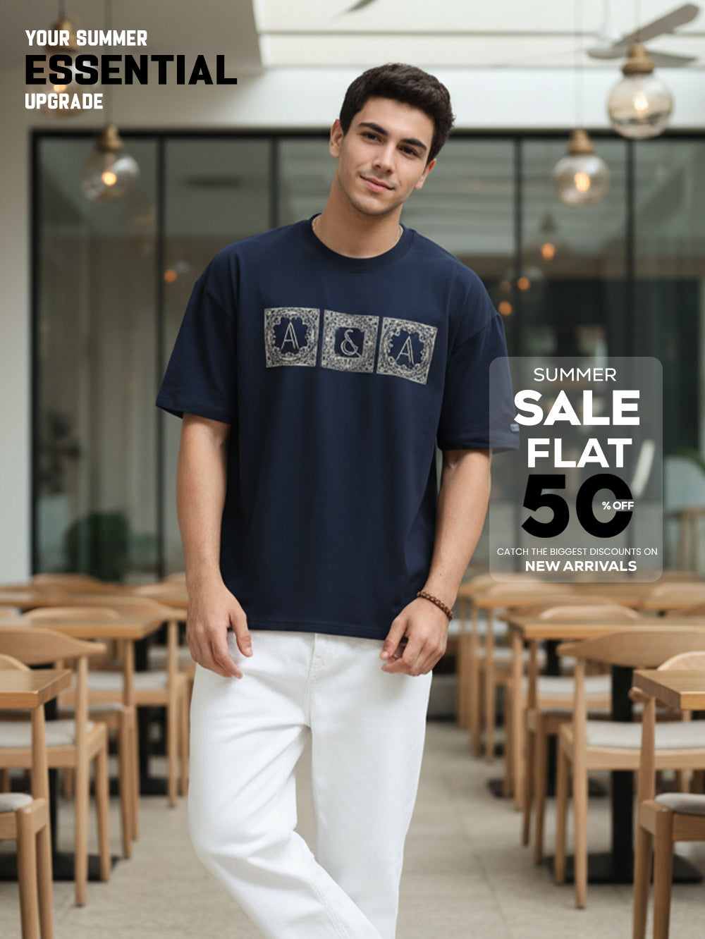 Essential Logo Organic Cotton Oversized Printed Tee for Men's – Navy