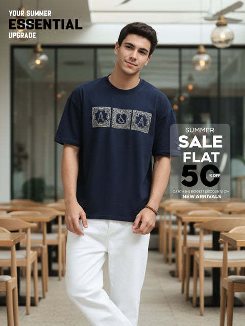 Essential Logo Organic Cotton Oversized Printed Tee for Men's – Navy