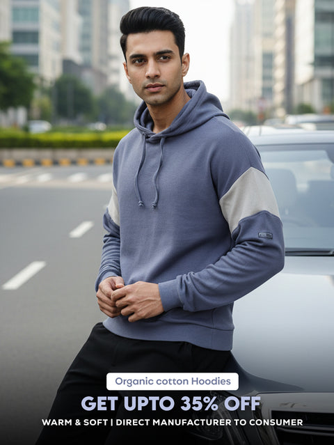 Blueish Grey Organic Cotton Casual Hoodie for Men